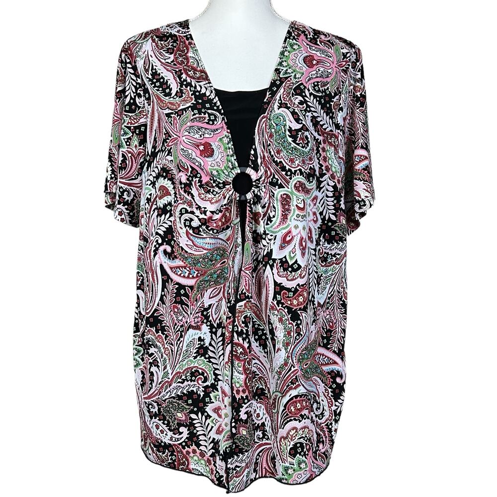 Dressbarn Top Women Size 1X Black Pink Sequin Paisley Boho Modest Shimmer Blouse
